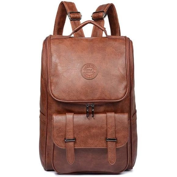 Men's Vegan Faux Leather Laptop Backpack Waterproof Brown